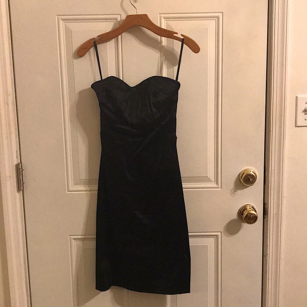 Black, strapless, formal knee-length dress
